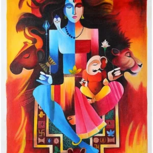 Ardhanarishvara (Shiva-Shakti) with Ganesha | Oil Painting